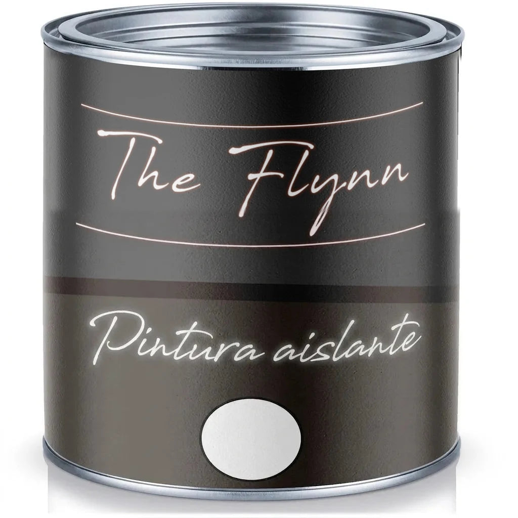 Bote de pintura marrón oscuro 'The Flynn Isolierfarbe' con muestra de color blanco.