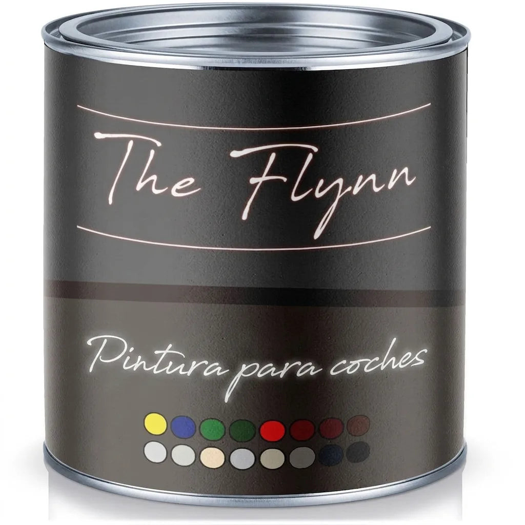 Bote de pintura para coche 'The Flynn Autolack' con paleta de colores en su etiqueta.