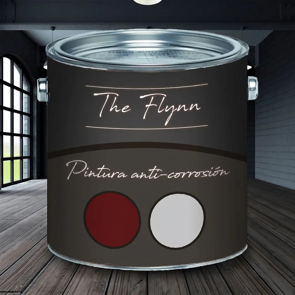 Bote de pintura The Flynn, pintura anticorrosiva, con muestras de colores rojo y gris. Estudio industrial.