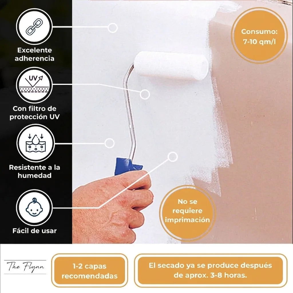 Mano pintando pared con rodillo. Pintura con alta adherencia, protección UV, resistente a la humedad, fácil de usar.