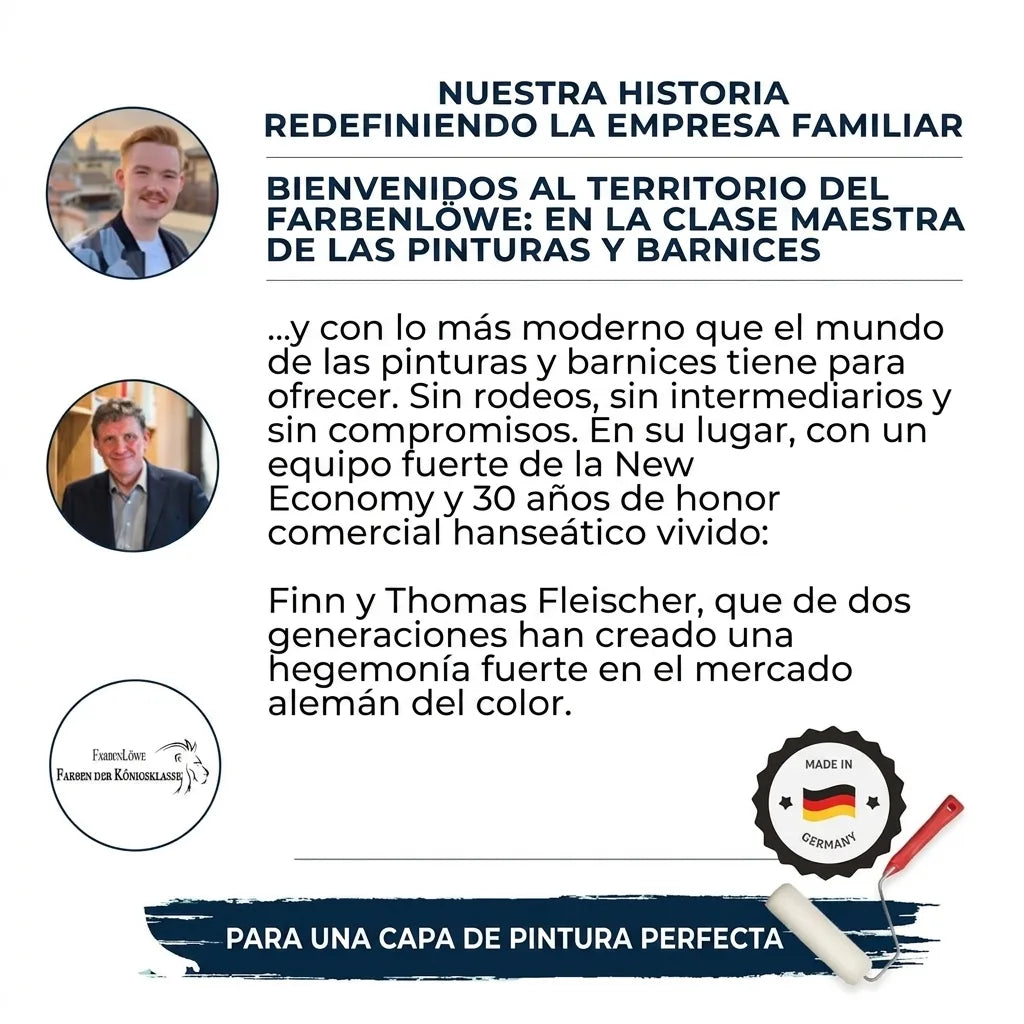 Anuncio de Farbenlöwe, empresa familiar alemana de pinturas de alta calidad "Made in Germany", con fundadores Finn y Thomas.