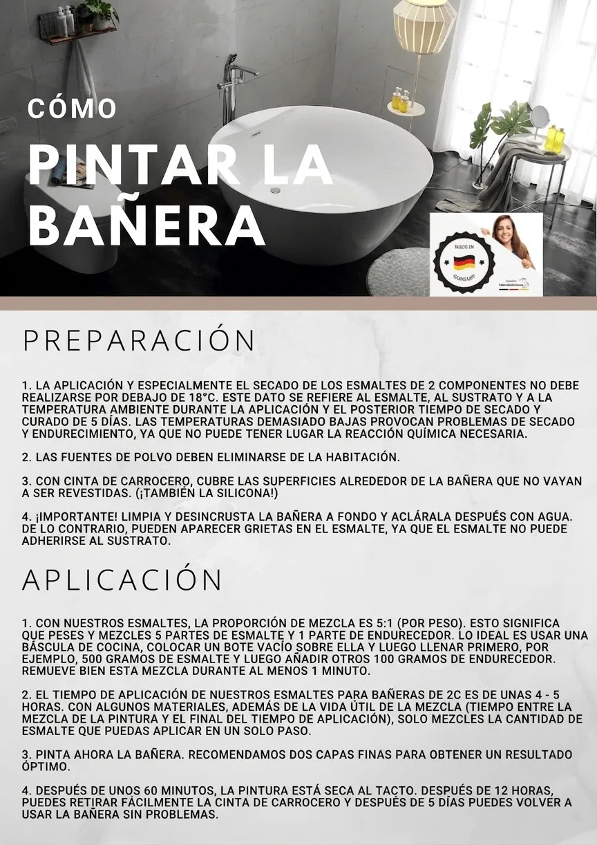Guía paso a paso en alemán sobre cómo pintar una bañera, incluyendo preparación y aplicación del proceso.