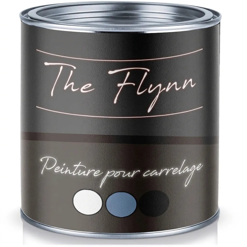 Pot de peinture The Flynn, laque pour carrelage, avec des échantillons de couleurs (blanc, bleu, noir).