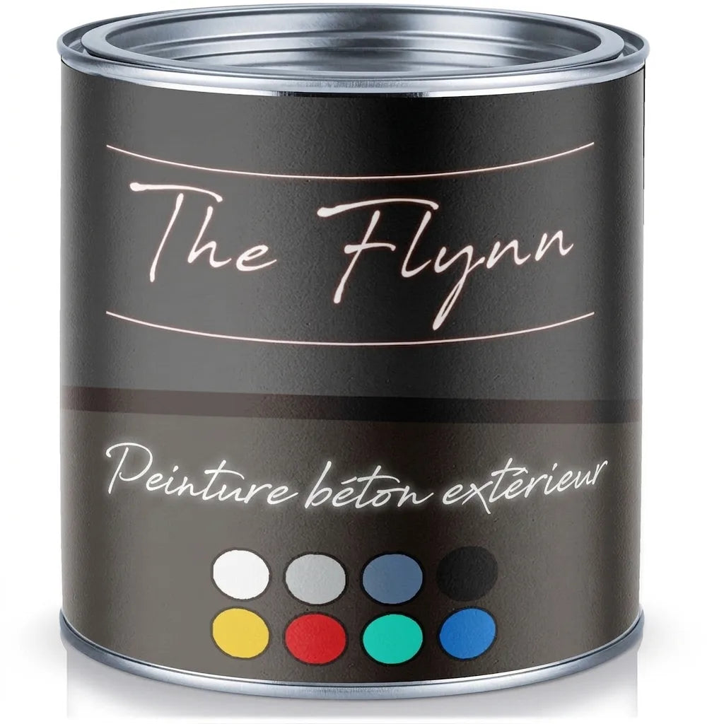 Pot de peinture noir The Flynn pour béton avec nuancier de couleurs vives et neutres.
