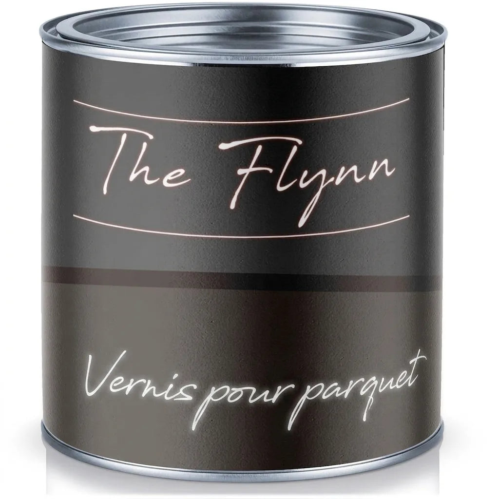 Pot de vernis à parquet 'The Flynn' en métal foncé, avec le texte 'Parkettlack' en allemand.