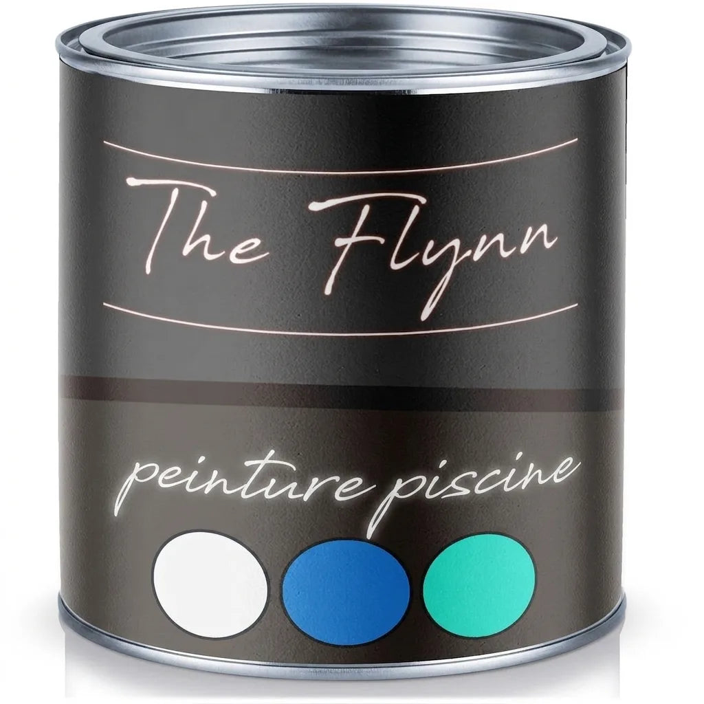 Pot de peinture noir The Flynn pour piscine, avec échantillons de couleurs blanc, bleu et vert turquoise.