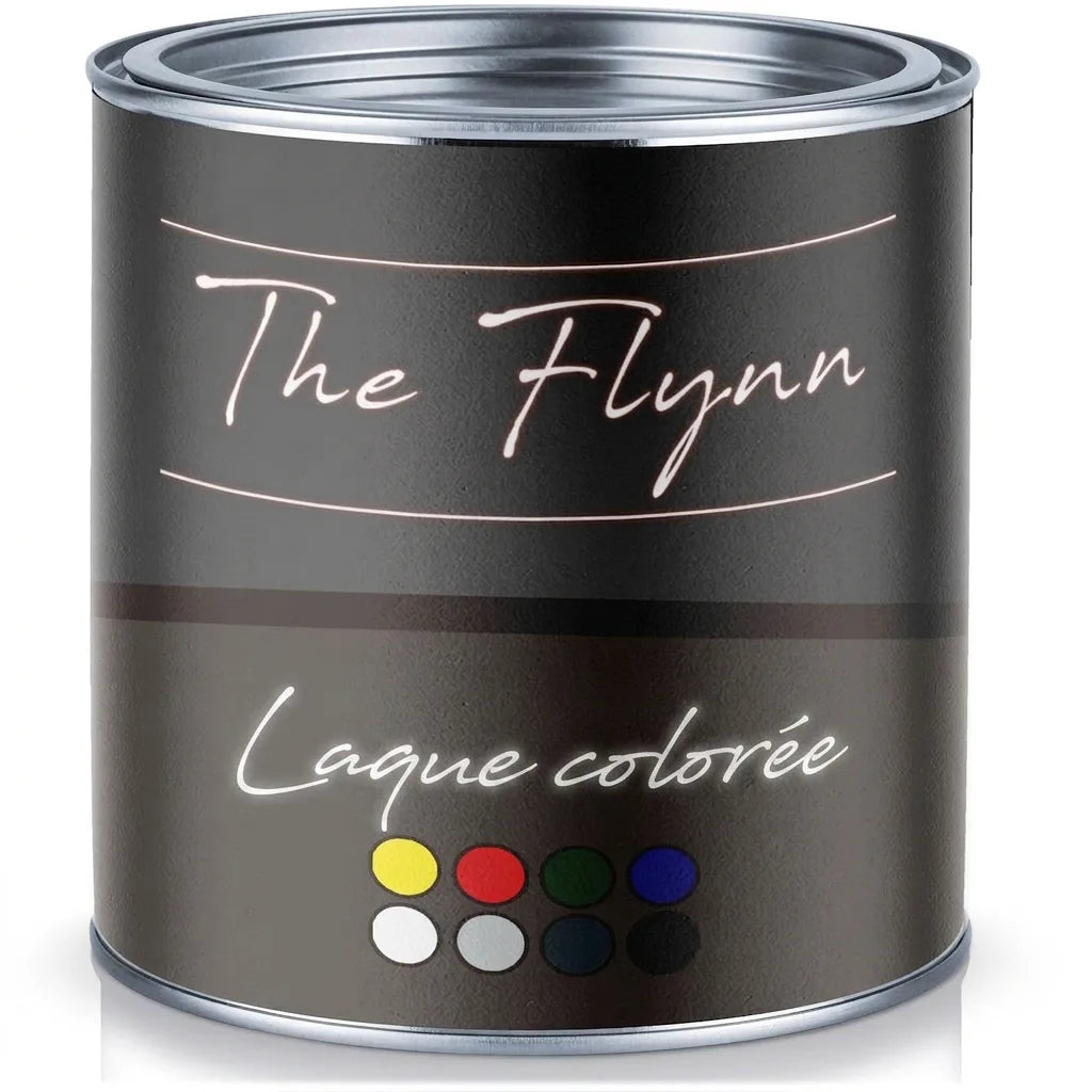 Pot de peinture noir mat avec inscription 'The Flynn Buntlack' et échantillons de couleurs diverses.