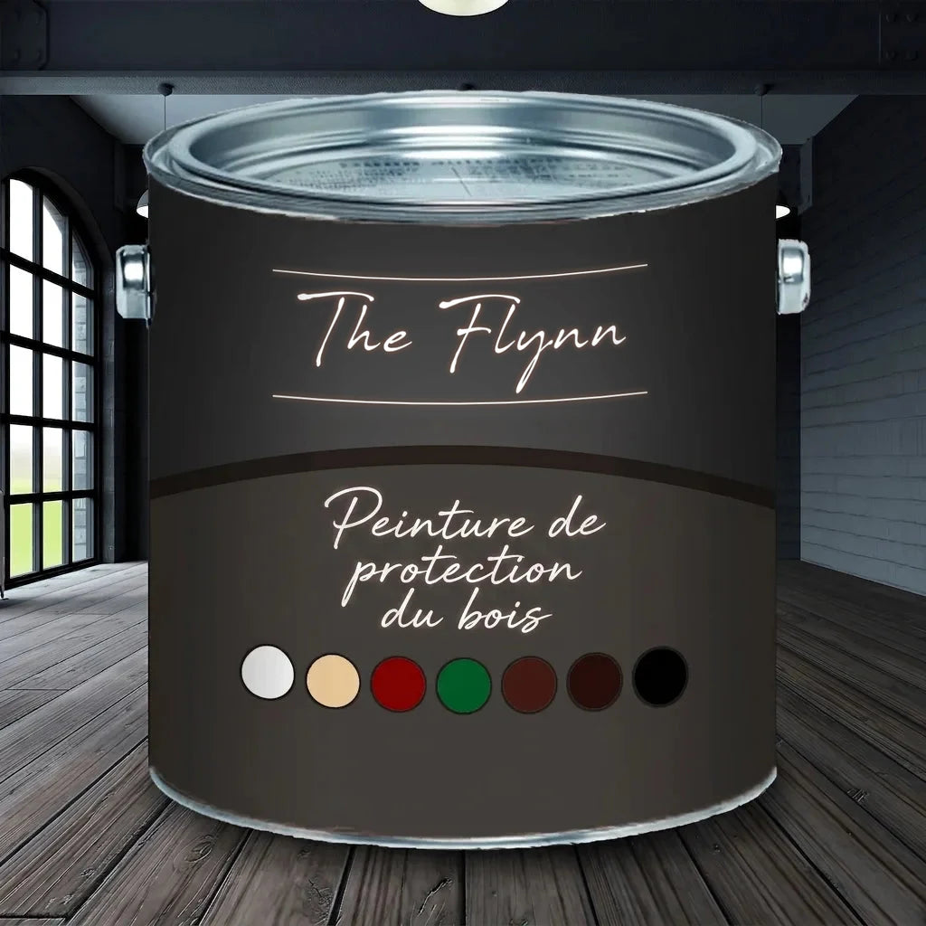 Pot de peinture "The Flynn" Holzschutzfarbe, plusieurs échantillons de couleurs visibles.