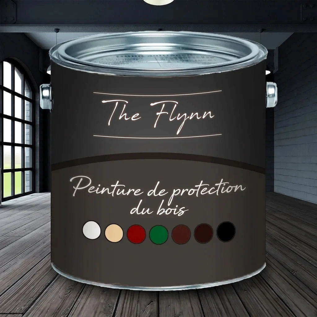Pot de peinture gris foncé The Flynn, "Holzschutzfarbe" (peinture protection bois) avec échantillons de couleurs, sur un sol en bois.