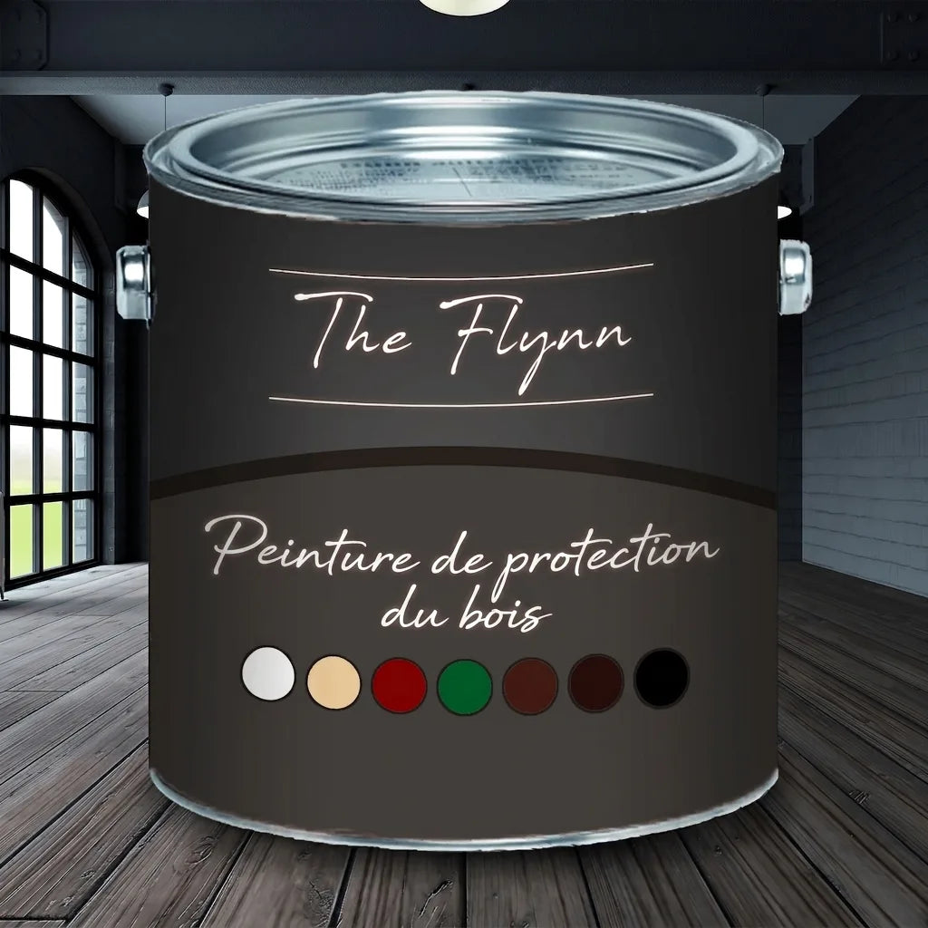 Pot de peinture gris foncé The Flynn, "Holzschutzfarbe" (peinture protection bois) avec échantillons de couleurs, sur un sol en bois.