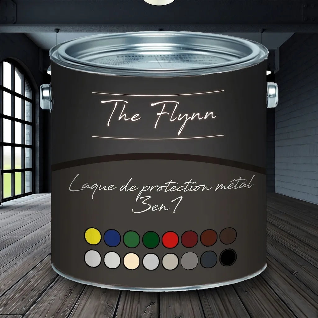 Pot de peinture The Flynn gris foncé, protection métal 3 en 1, avec nuancier de couleurs variées.