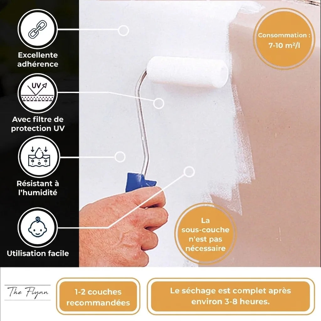 Peinture blanche The Flynn appliquée au rouleau. Caractéristiques: adhérence, protection UV, résistance humidité, facile, sans apprêt.