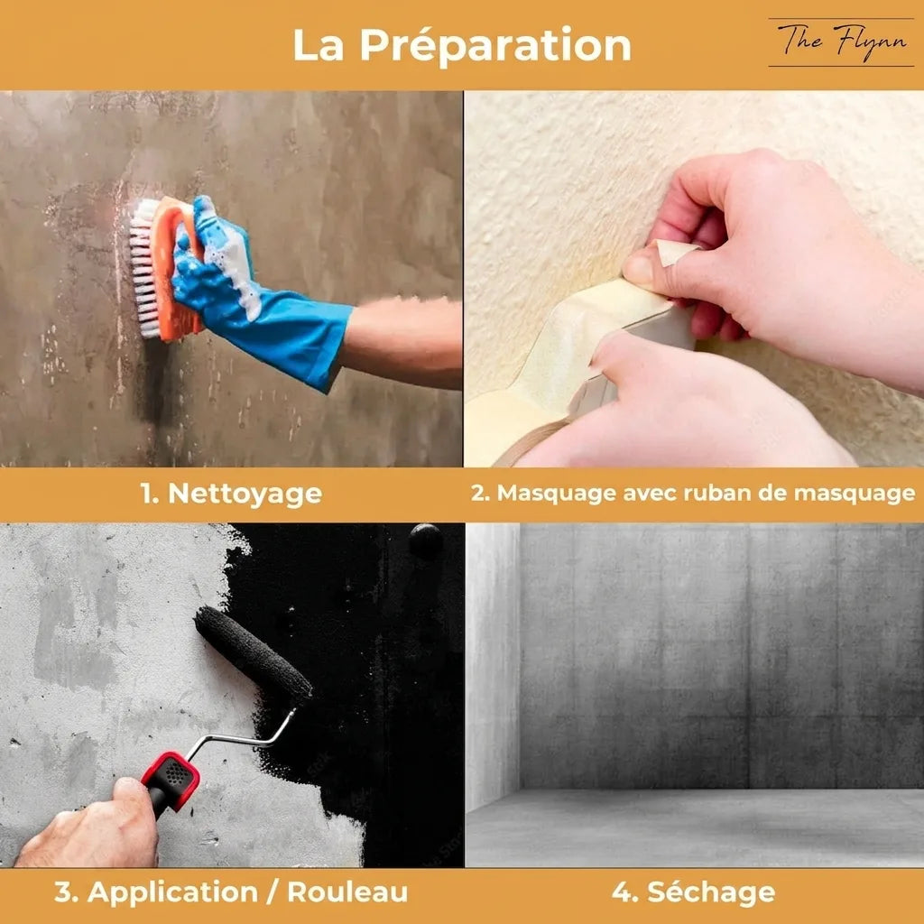Quatre étapes de préparation pour peindre : nettoyer une surface, appliquer du ruban, peindre au rouleau, puis sécher.
