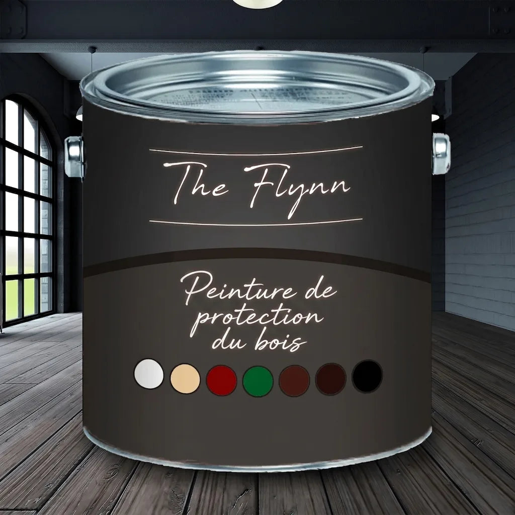 Pot de peinture "The Flynn" Holzschutzfarbe, plusieurs échantillons de couleurs visibles.