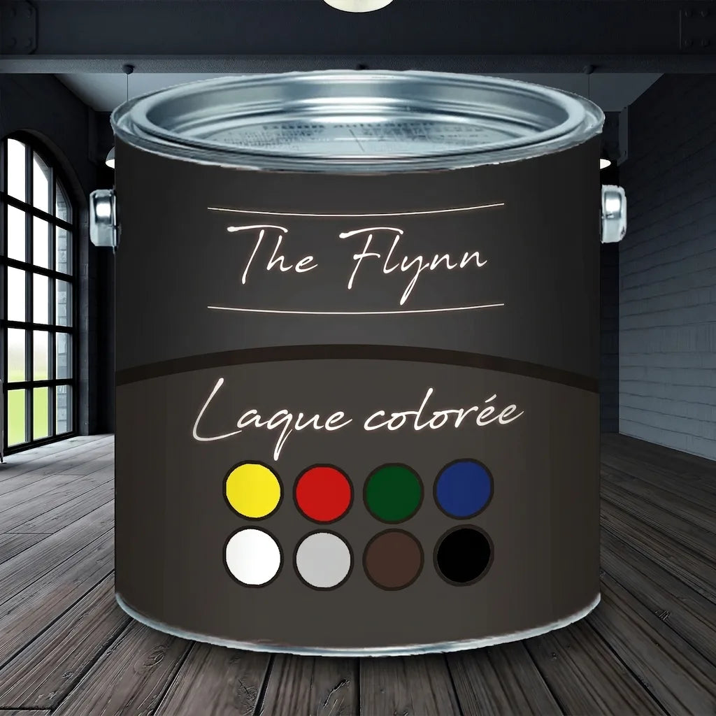 Pot de peinture The Flynn Bunttack avec des pastilles de couleur (jaune, rouge, vert, bleu, blanc, gris, marron, noir) dans une pièce modern
