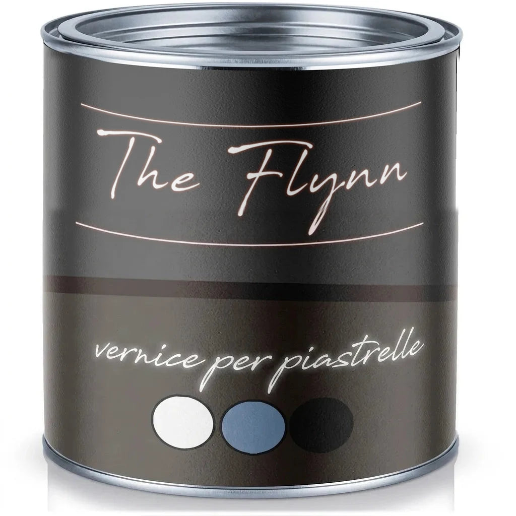 Lattina di smalto per piastrelle nero The Flynn Fliesenlack, con campioni colore bianco, blu e nero.