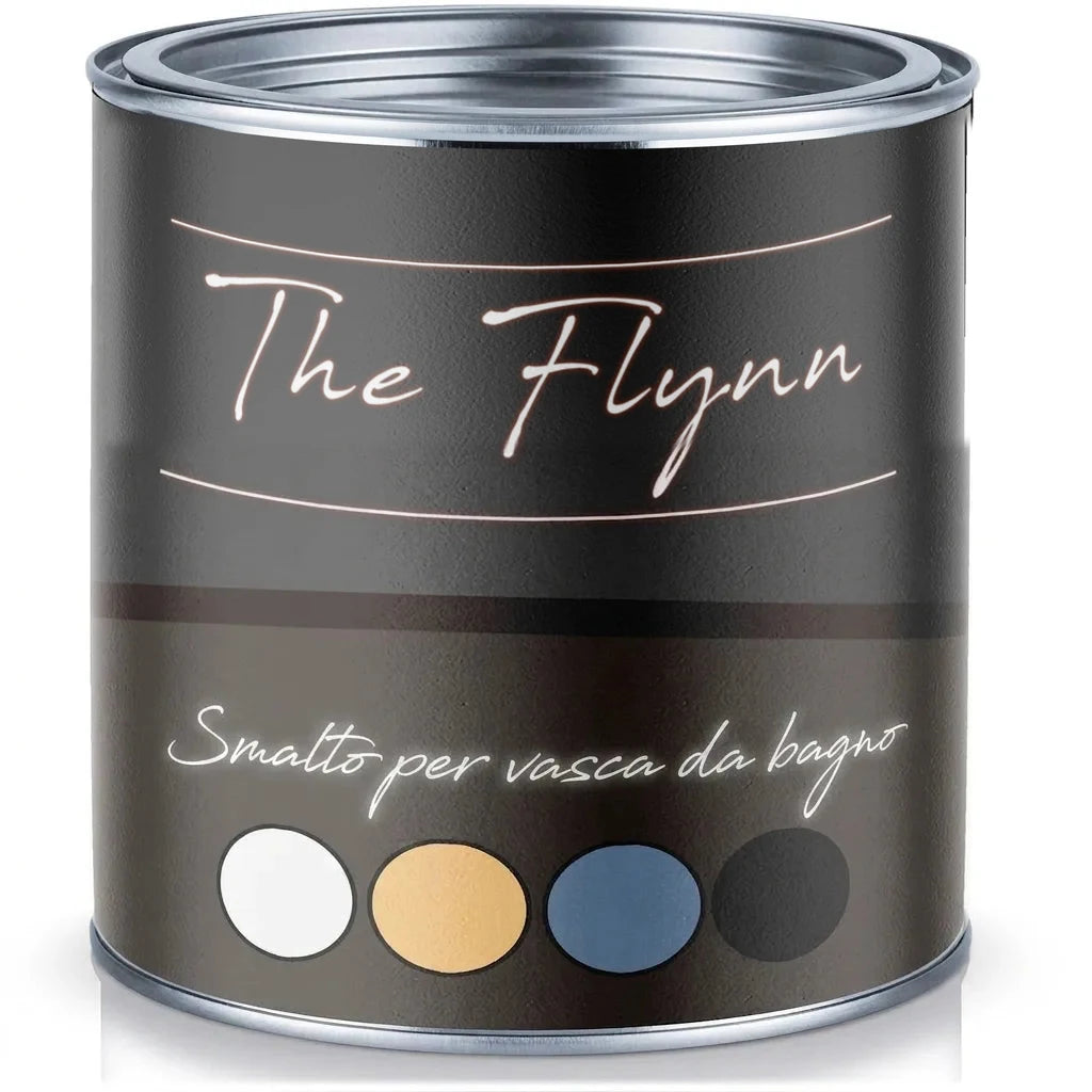 Barattolo di vernice 'The Flynn' per vasca da bagno, con campioni di colore bianco, giallo, blu e nero.