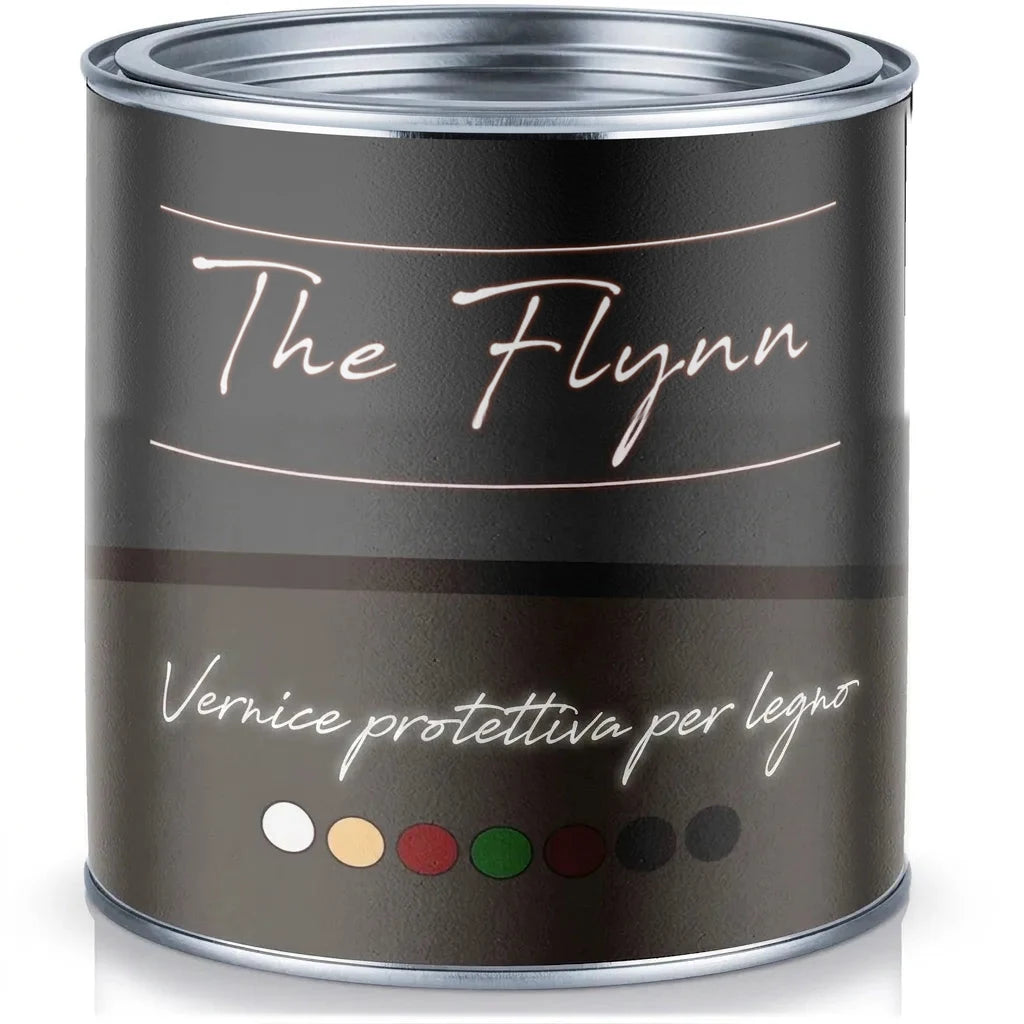 Barattolo di vernice protettiva per legno The Flynn con campioni di colore.
