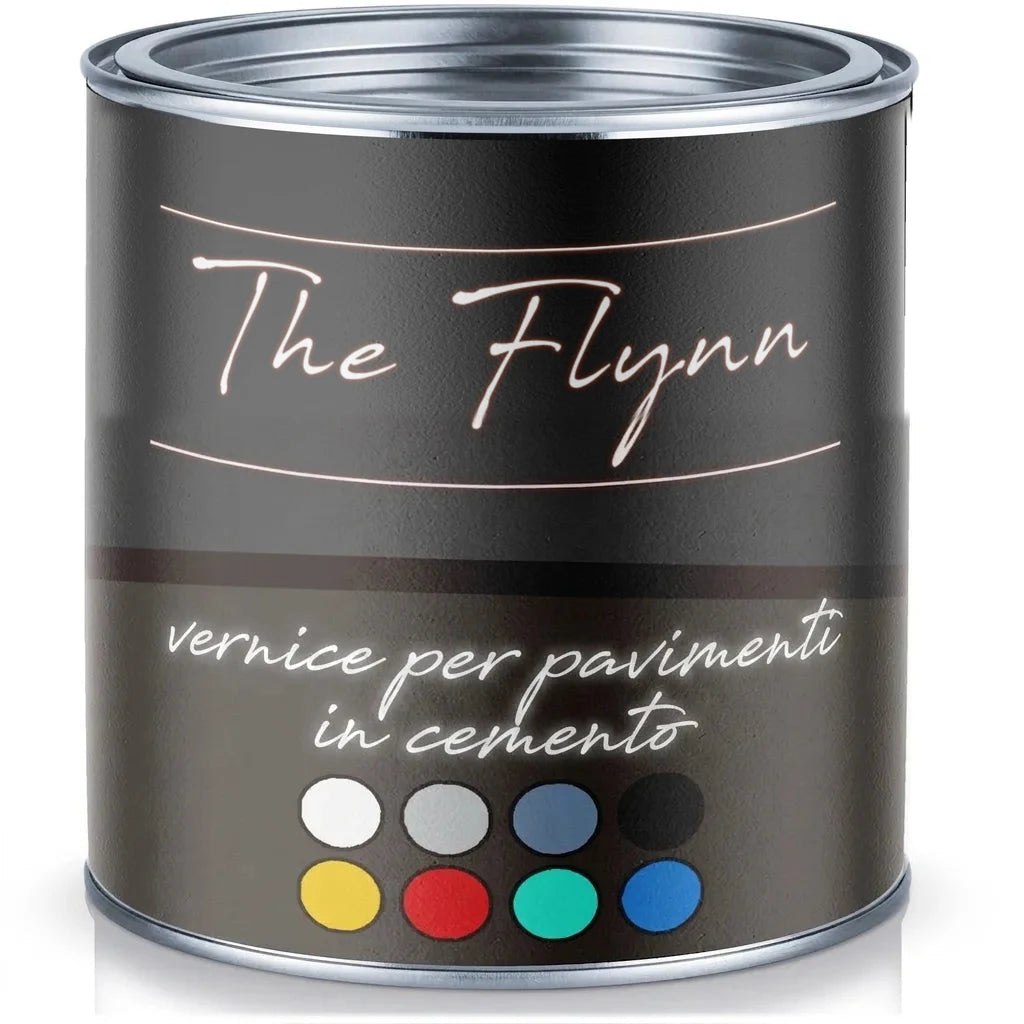 Barattolo di vernice nera The Flynn Betonfarbe con campioni di colore: bianco, grigio, blu, nero, giallo, rosso, turchese, blu.