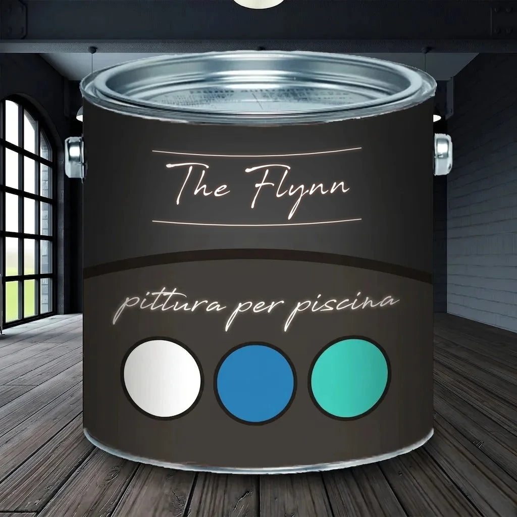 Lattina di vernice scura per piscine 'The Flynn' con campioni colori bianco, blu, acquamarina su pavimento in legno.