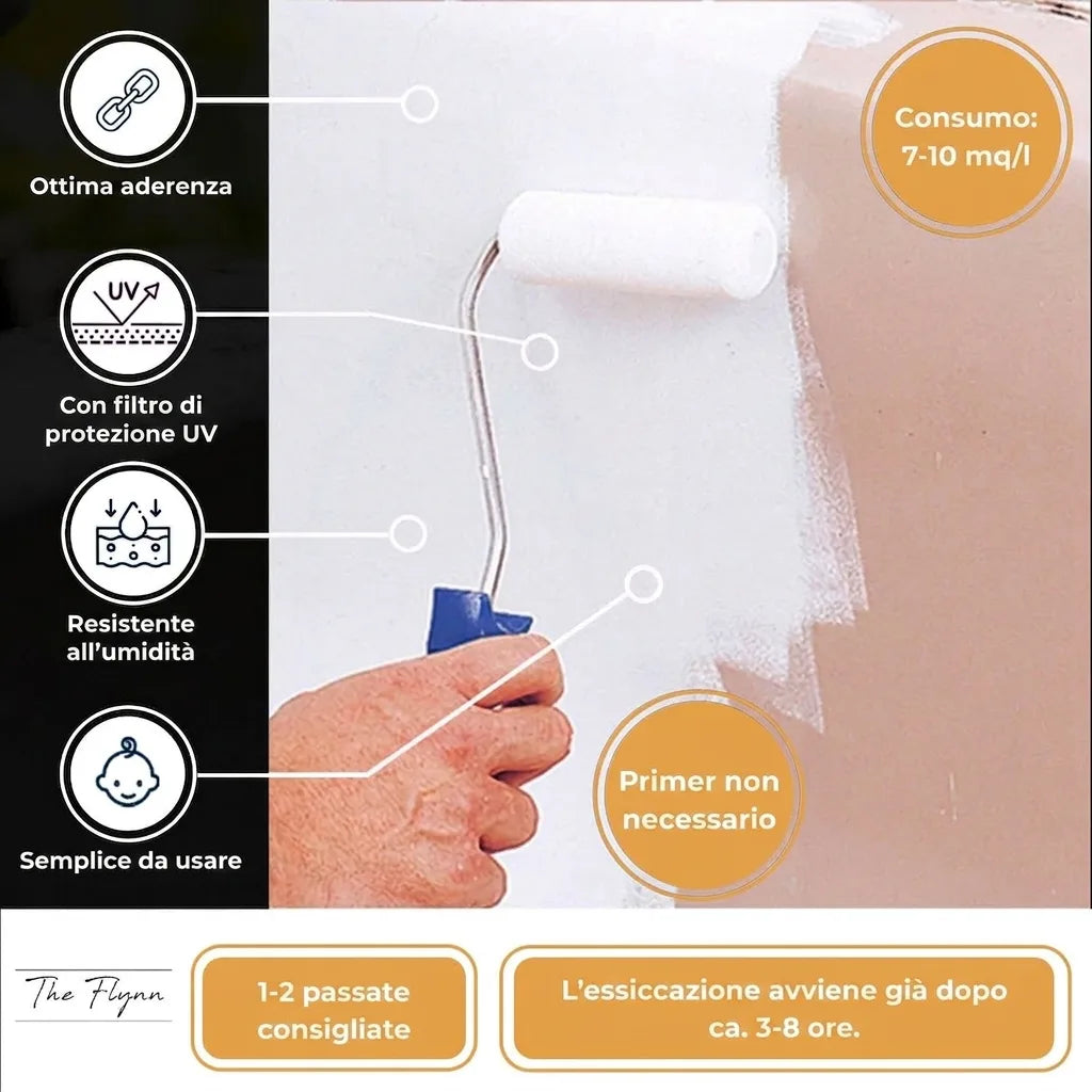 Vernice murale bianca applicata con rullo. Dettagli: alta adesione, UV, resistente umidità, facile uso, senza primer.