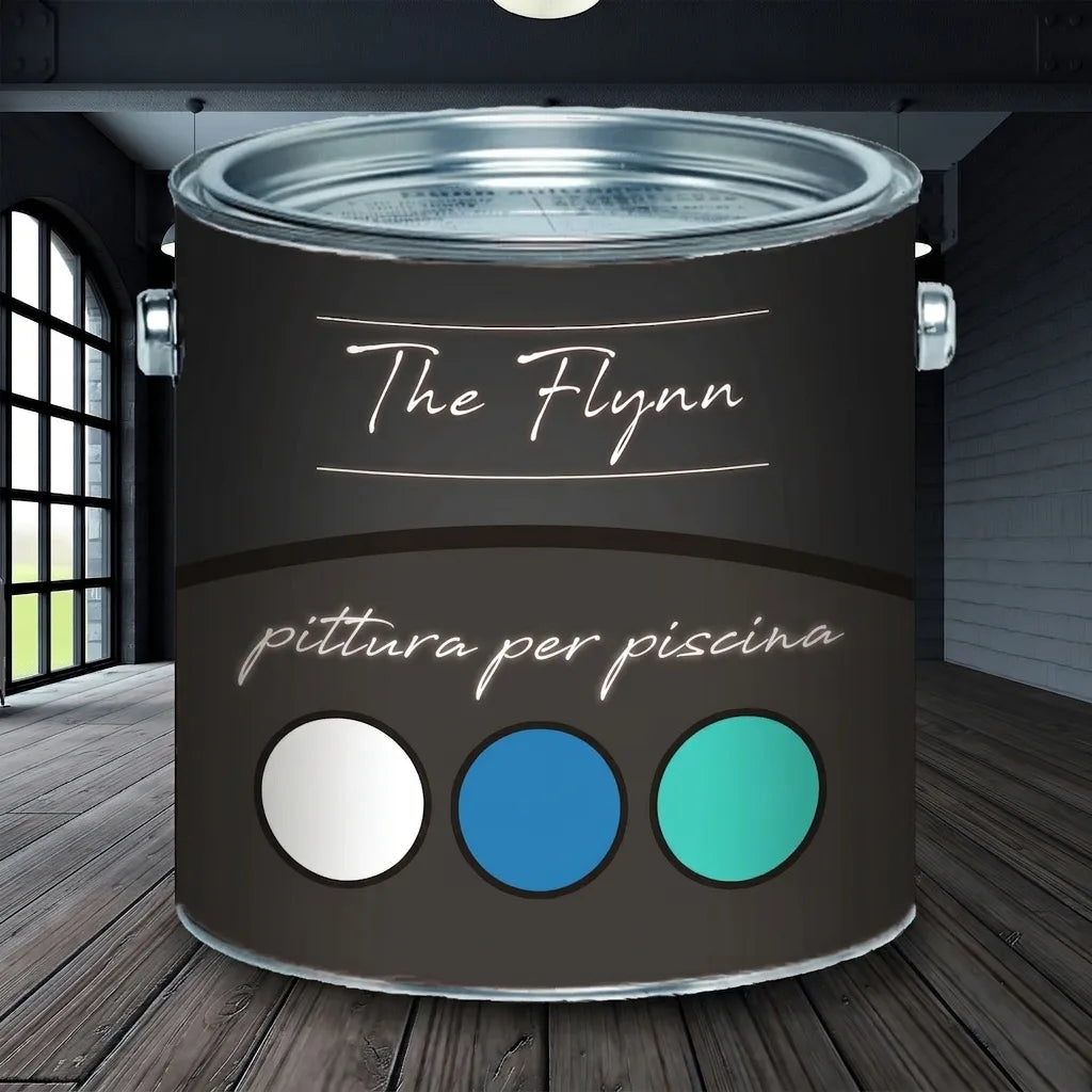 Lattina di vernice scura per piscine 'The Flynn' con campioni colori bianco, blu, acquamarina su pavimento in legno.