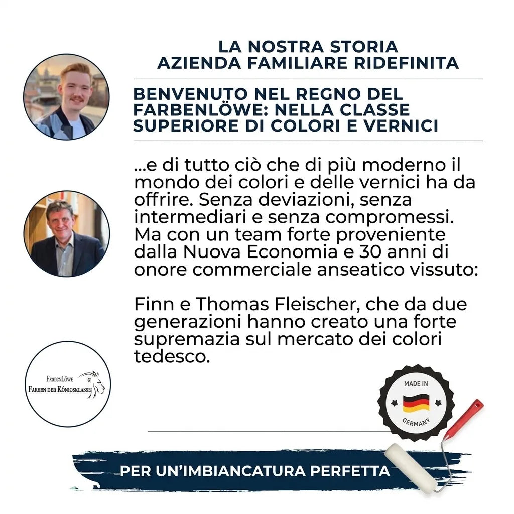 Farbenlöwe: azienda familiare tedesca di vernici e pitture di qualità, con ritratti dei fondatori Finn e Thomas Fleischer.