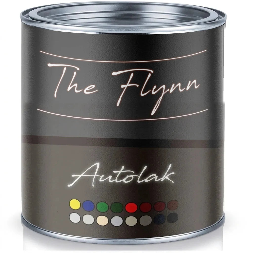Verfblik 'The Flynn Autolack' met verschillende kleurstalen, inclusief geel, blauw, groen, rood en wit.