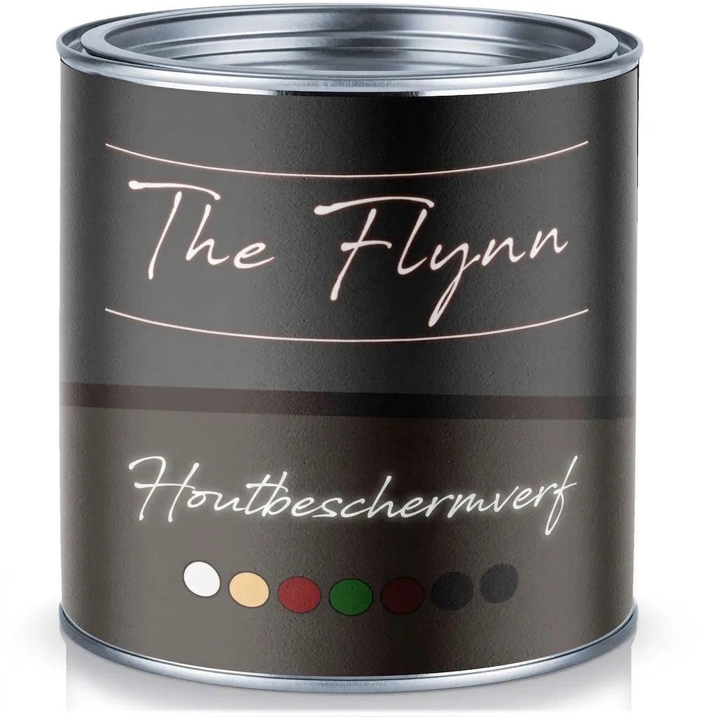 Blik 'The Flynn' houtbeschermingsverf. Diverse kleurstalen: wit, geel, rood, groen, bruin, zwart.