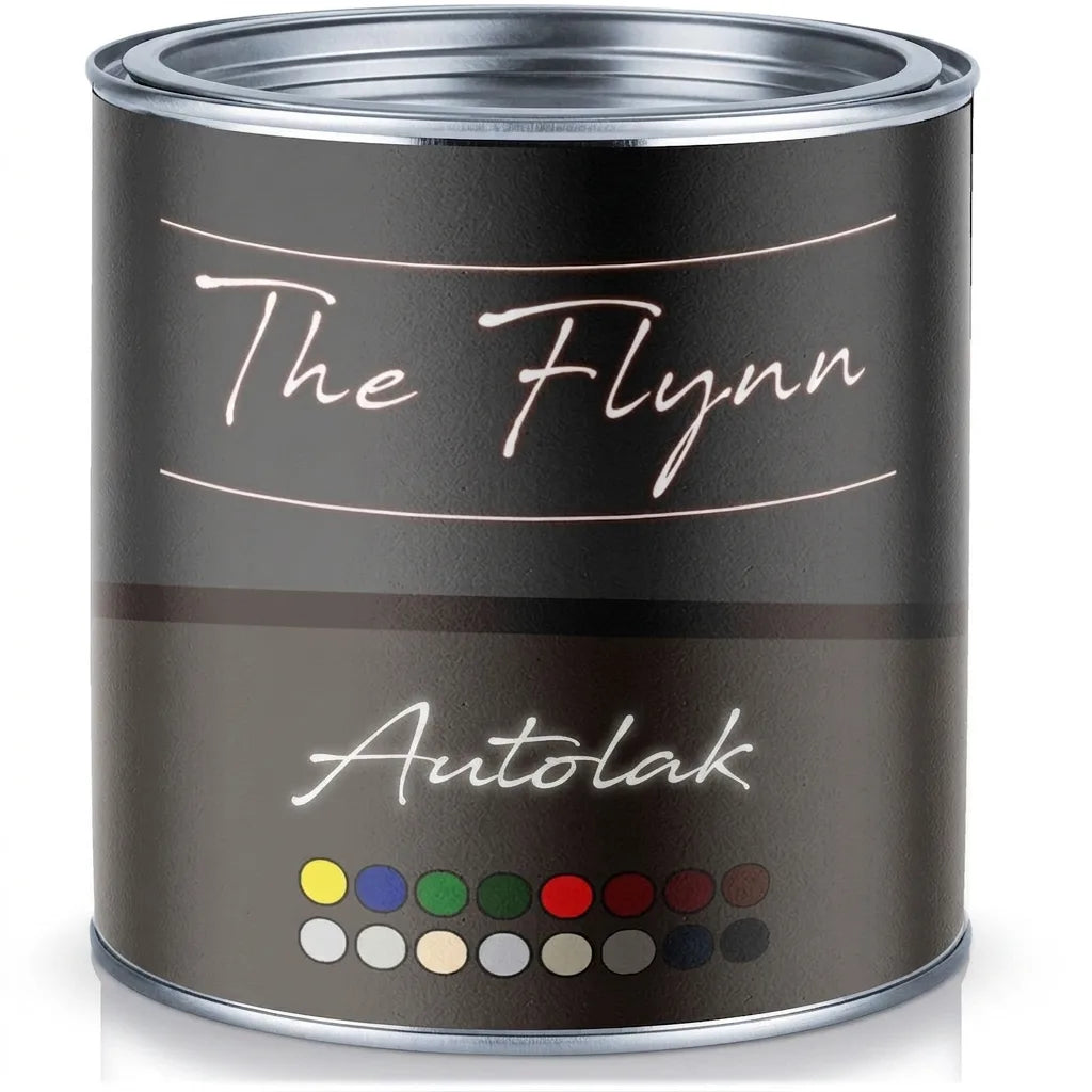 Verfblik 'The Flynn Autolack' met verschillende kleurstalen, inclusief geel, blauw, groen, rood en wit.