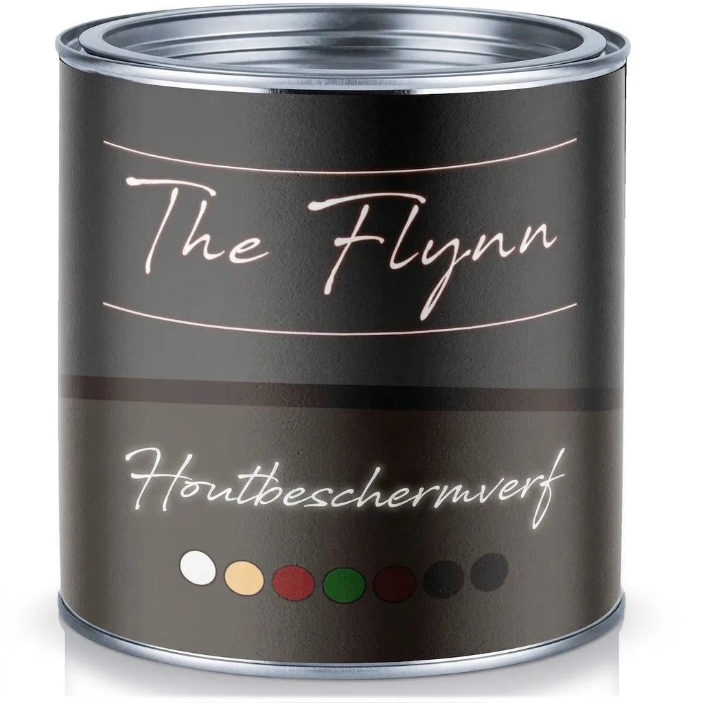 Donker verfblik 'The Flynn Holzschutzfarbe' met zilveren deksel en kleurstaaltjes.