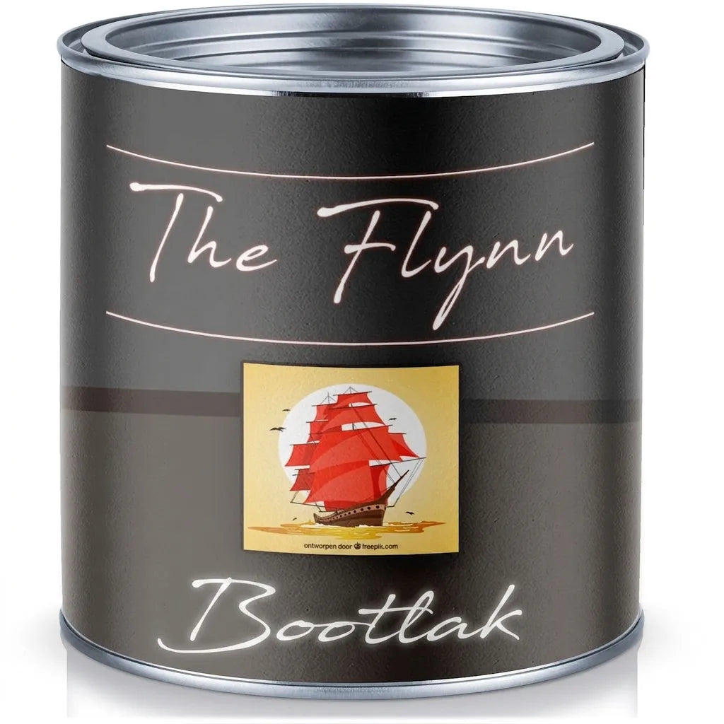 Donkergrijs verfblik 'The Flynn Bootslack' met etiket en afbeelding van een rood zeilschip, speciale lak voor boten.