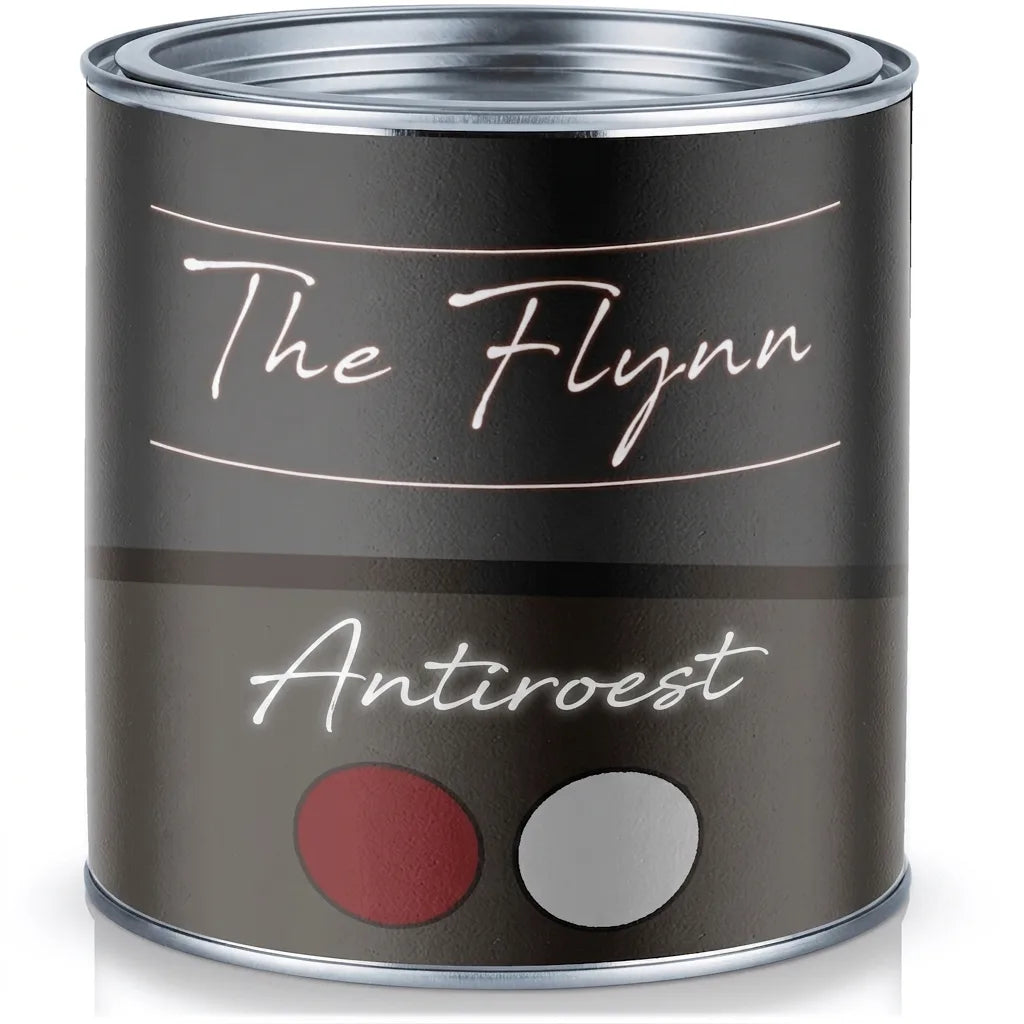 Verfblik 'The Flynn Rostschutz' met roestwerende verf in rode en grijze tinten.