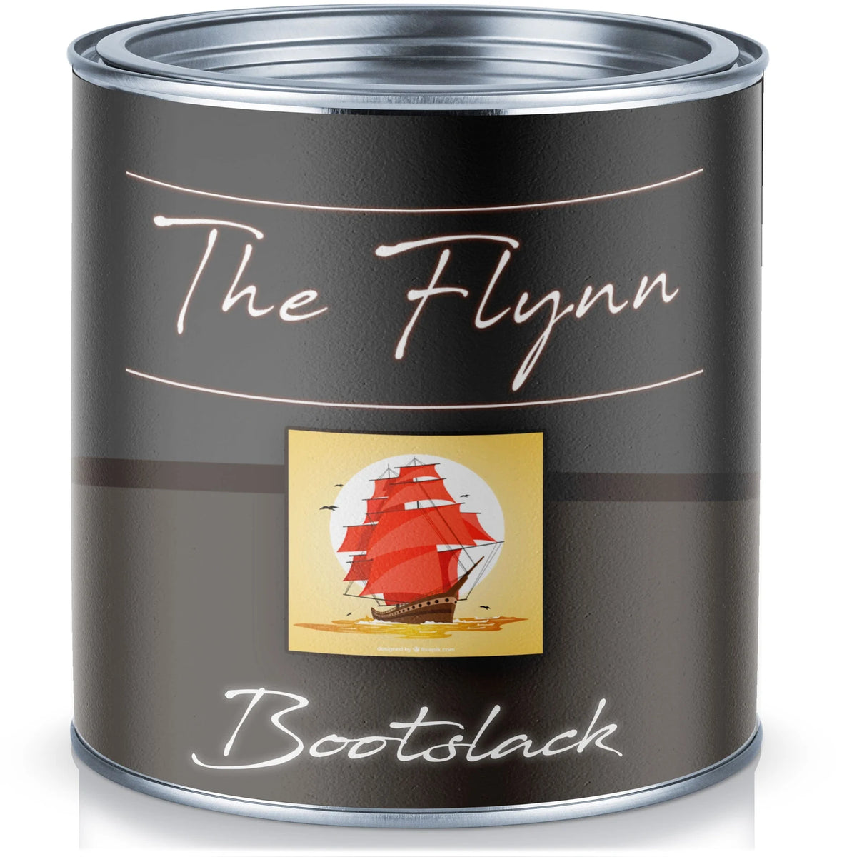 Donkergrijs verfblik 'The Flynn Bootslack' met etiket en afbeelding van een rood zeilschip, speciale lak voor boten.