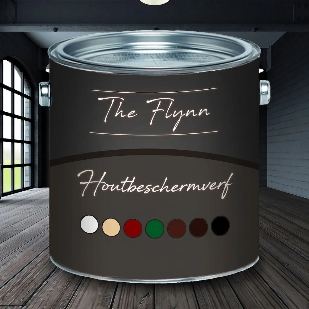 The Flynn houtbeschermingsverf blik in moderne kamer. Toont diverse kleuren: wit, beige, rood, groen, bruin, zwart.