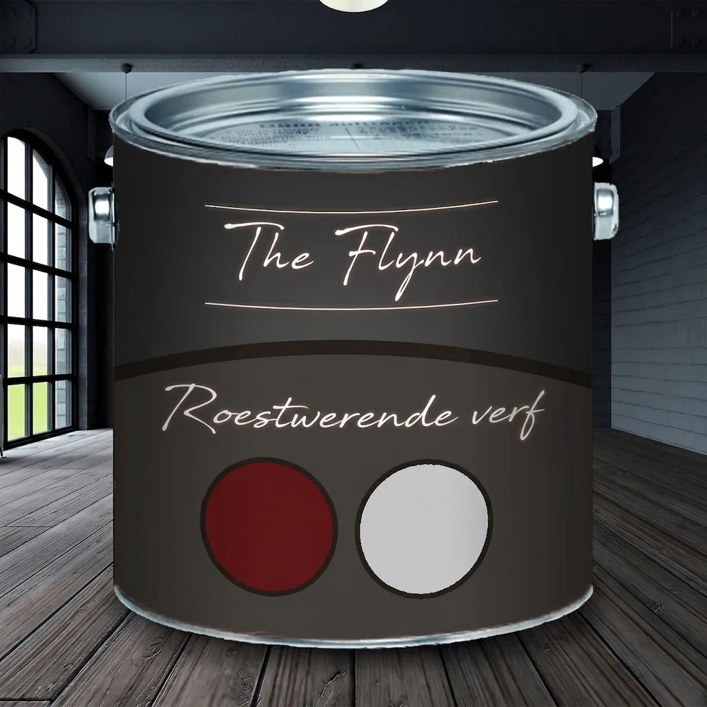 Zwarte The Flynn roestwerende verfblik met bordeauxrood en lichtgrijs staal, in moderne kamer.