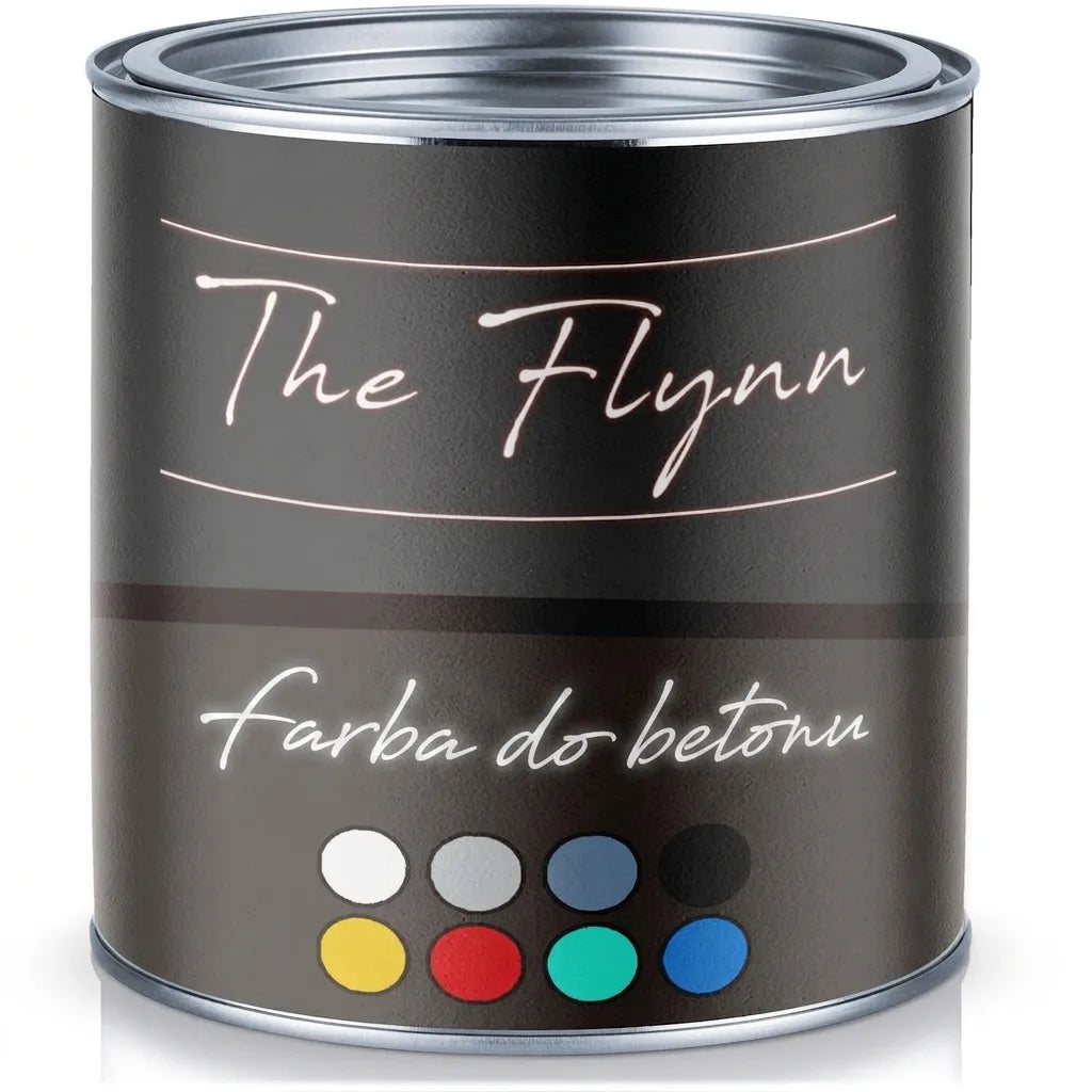 Czarna puszka farby do betonu z napisem 'The Flynn Betonfarbe' i ośmioma próbkami kolorów.