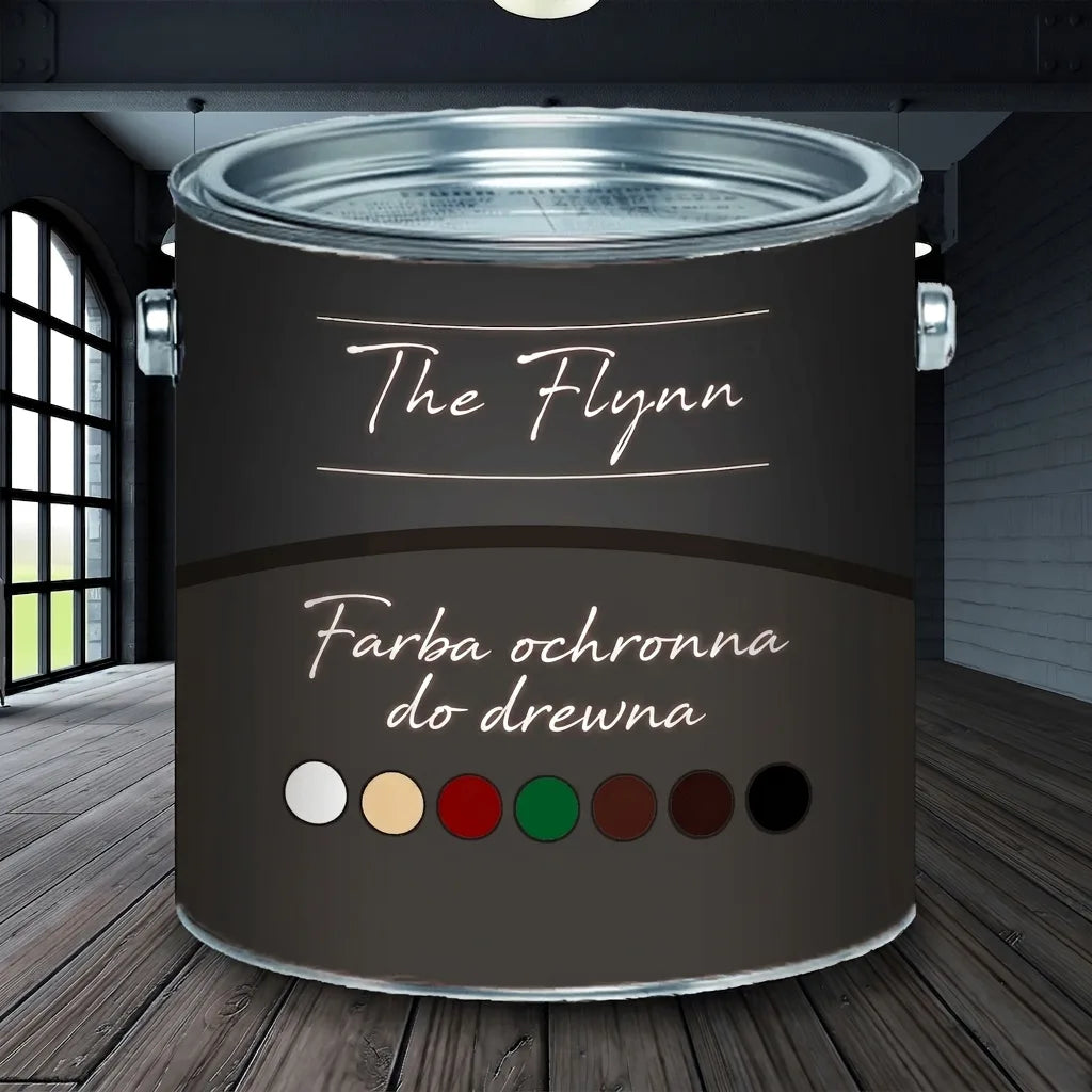 Ciemnoszara puszka farby ochronnej do drewna The Flynn z próbkami kolorów w industrialnym wnętrzu.