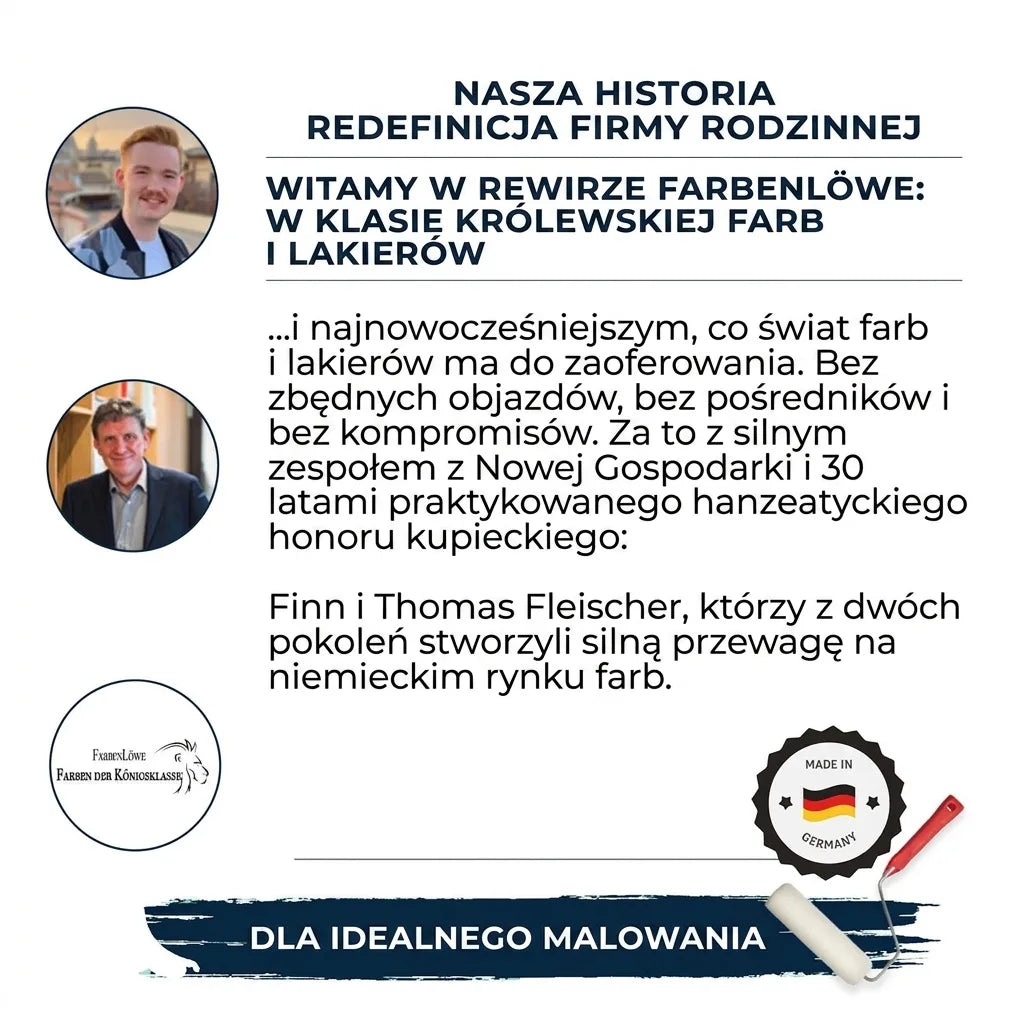 Dwóch mężczyzn, tekst o niemieckiej rodzinnej firmie farbiarskiej, logo FarbenLöwe, pędzel i wałek.