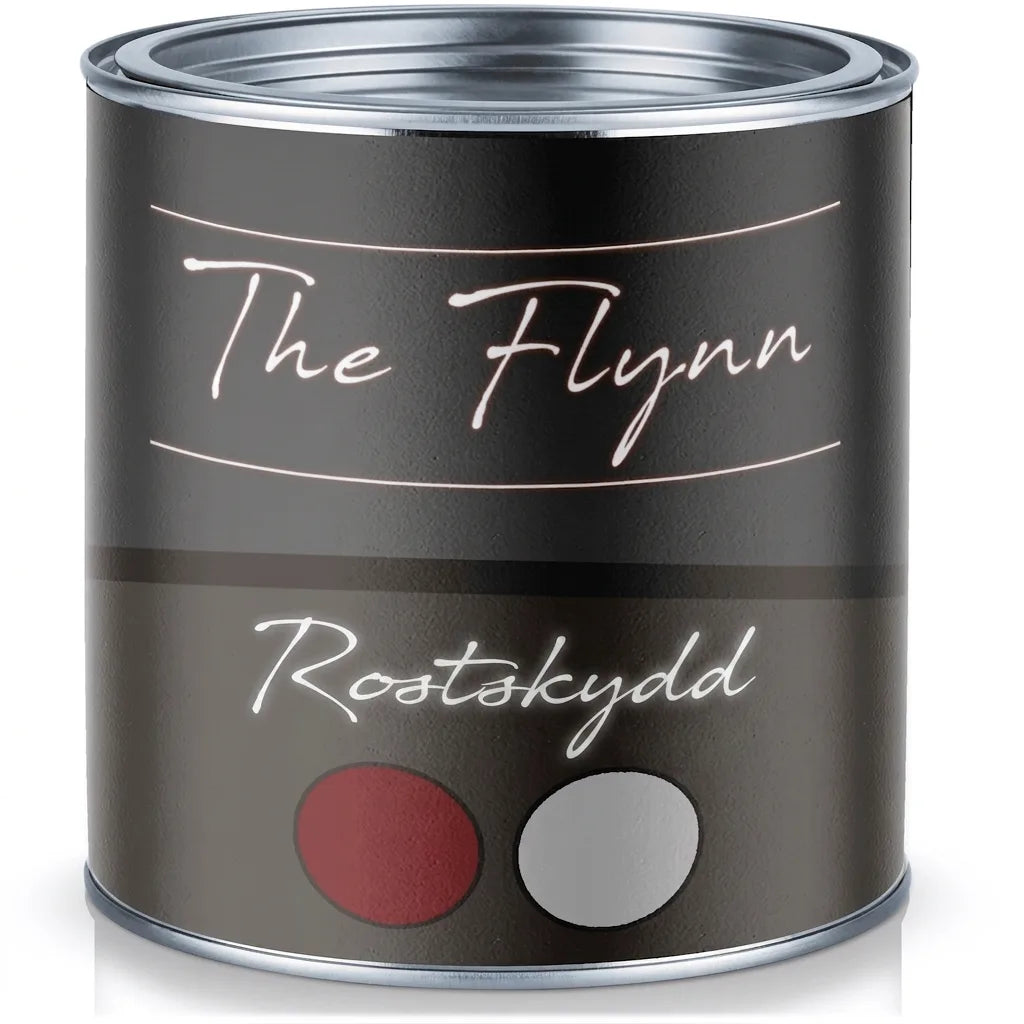 Mörkgrå The Flynn färgburk med silverlock, texten 'Rostskydd' och färgprover i rött och grått.