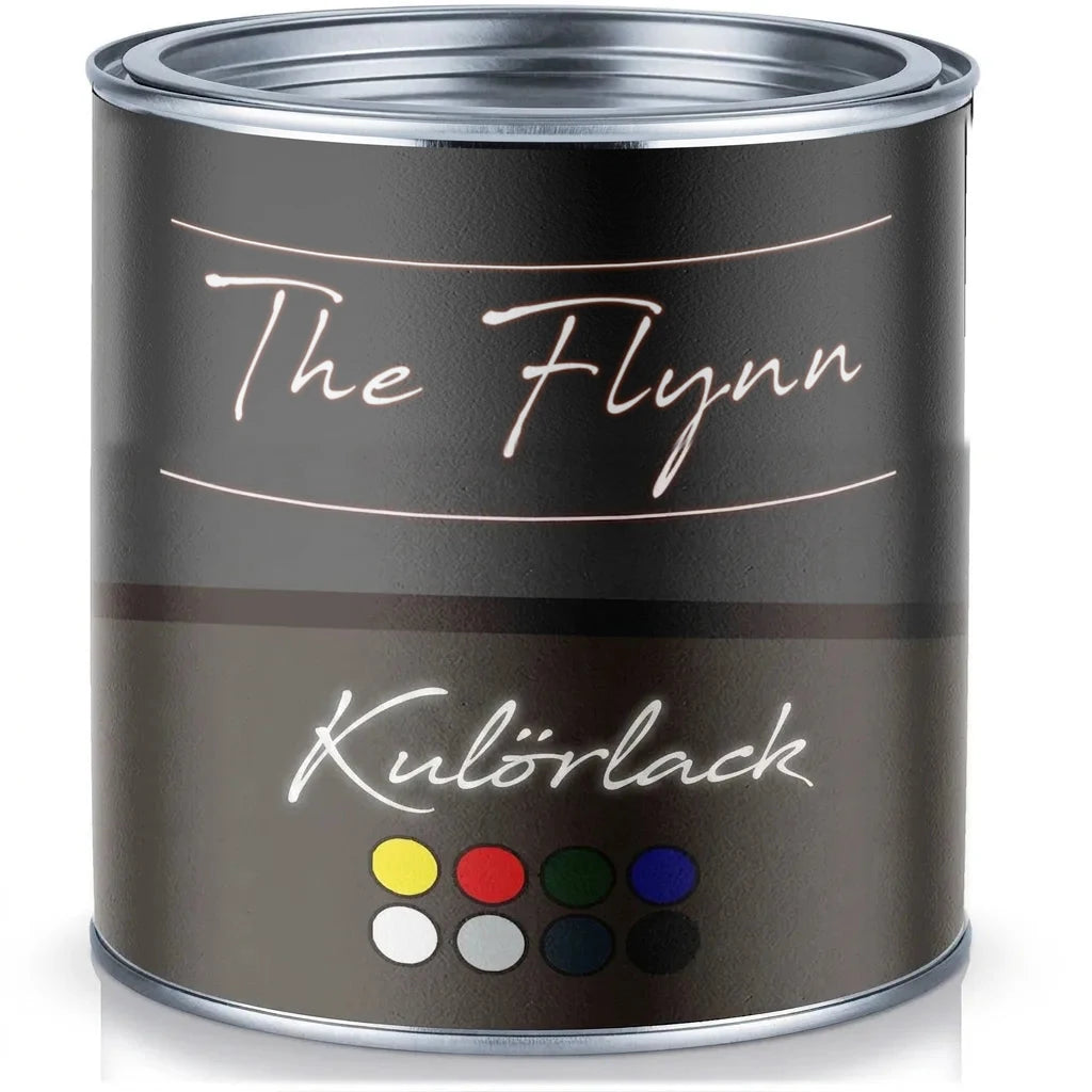 En mörkgrå färgburk med texten "The Flynn Buntlack" och små färgprover på etiketten.