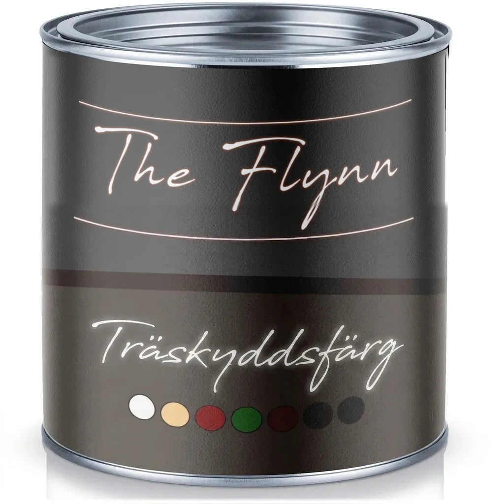 Färgburk med träskyddsfärg från The Flynn, med olika färgprover i vitt, gult, rött, grönt och brunt.