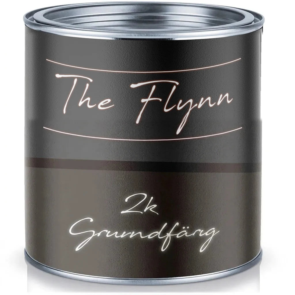 Mörkgrå 2k grundfärg i burk. Märkt 'The Flynn' och '2k Grundierung'.