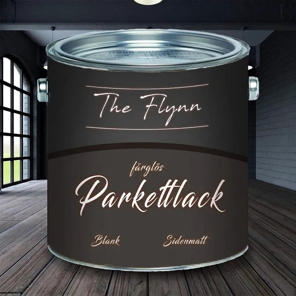 Mörk burk med The Flynn färglös parkettlack. Glansig och silkesmatt finish.