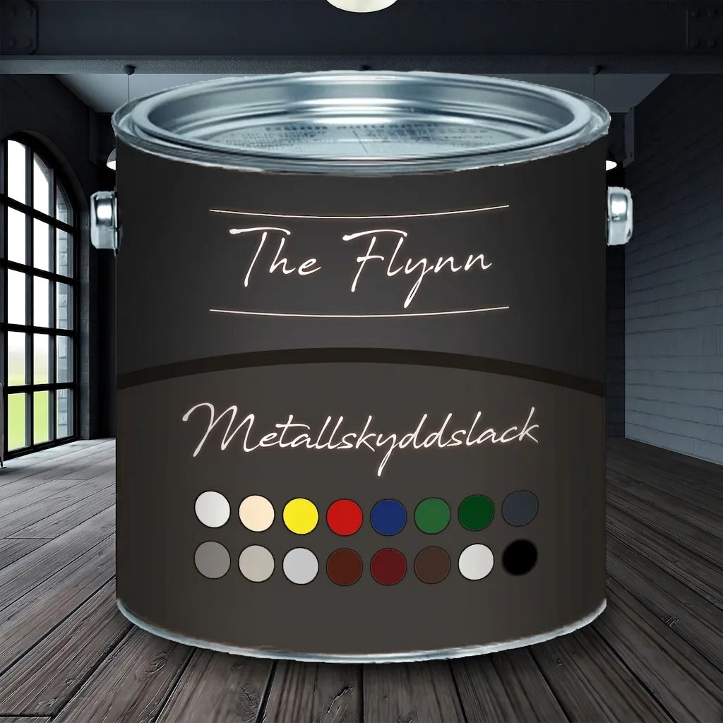 Svart burk med metallskyddsfärg 'The Flynn Metallschutzlack', visar färgprover på trägolv i modernt rum.