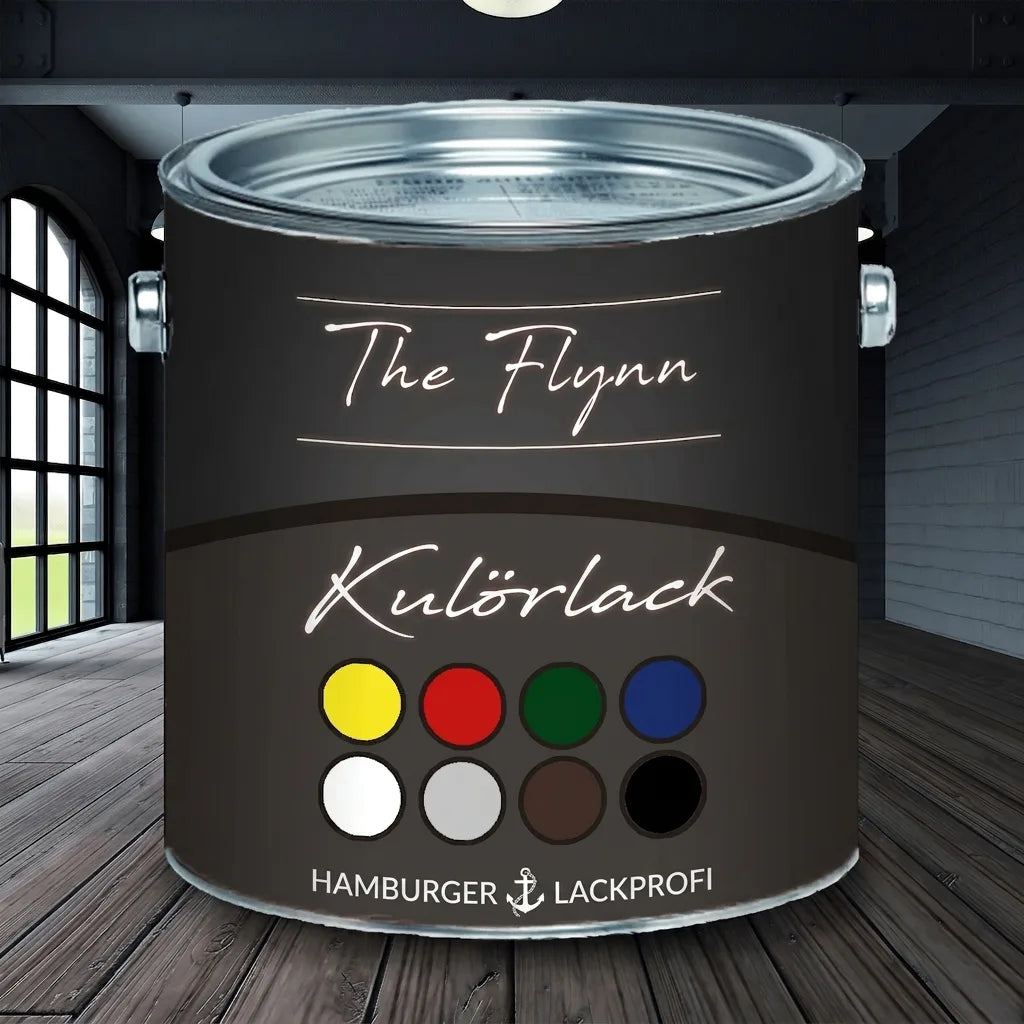 Målarburk The Flynn Bunttack med olika färgprover på etiketten, i ett modernt rum.