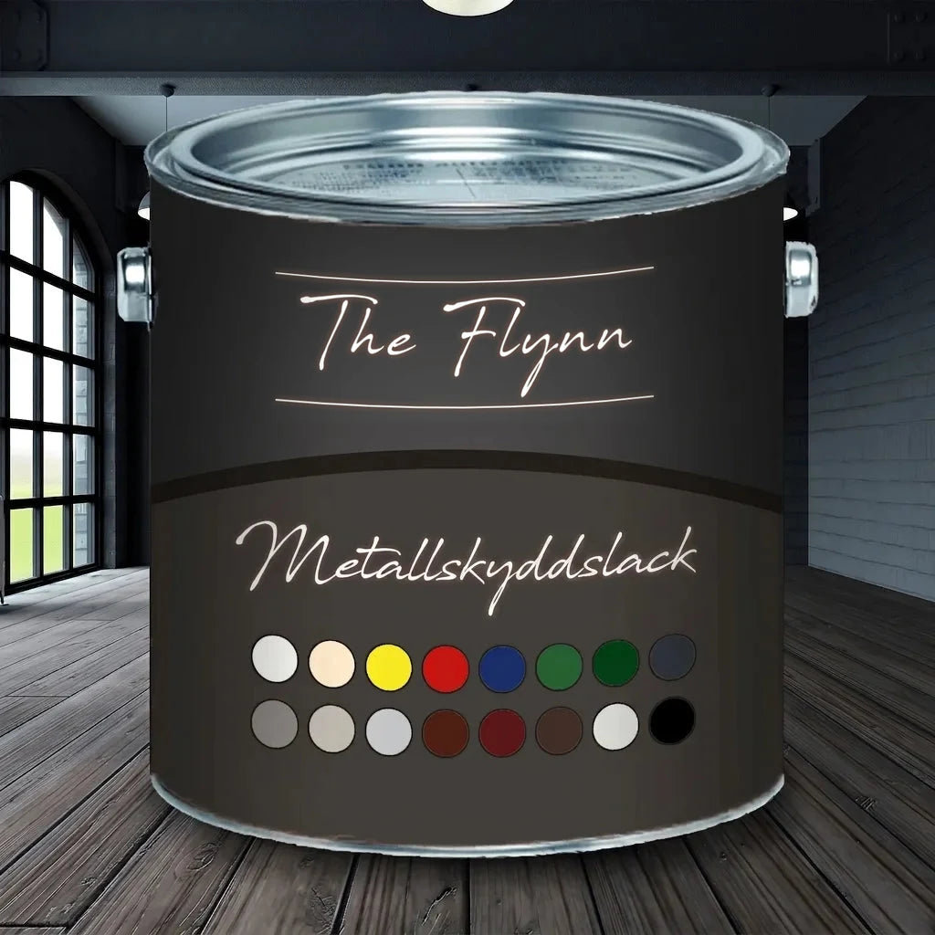 Svart burk med metallskyddsfärg 'The Flynn Metallschutzlack', visar färgprover på trägolv i modernt rum.