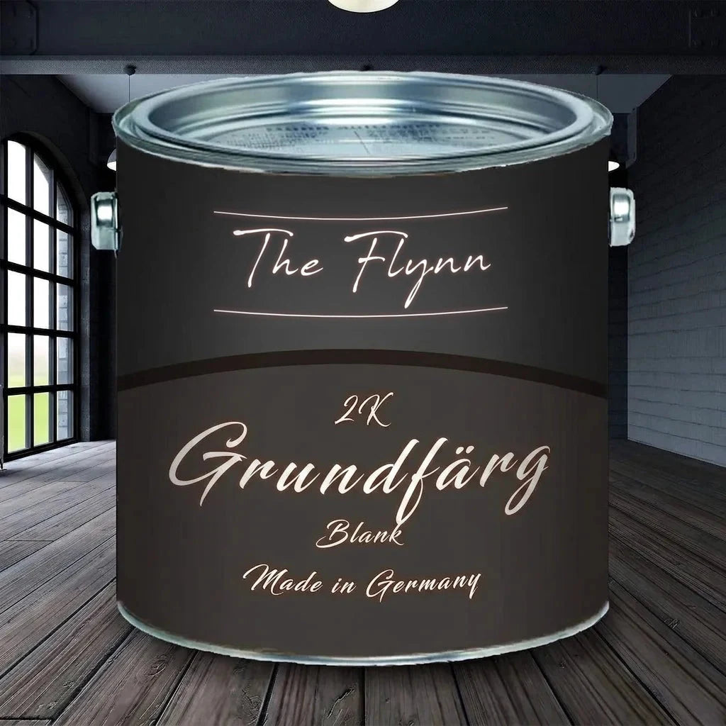 Svart färgburk 'The Flynn' för 2K grundfärg med glansig finish, tillverkad i Tyskland, i ett modernt rum.