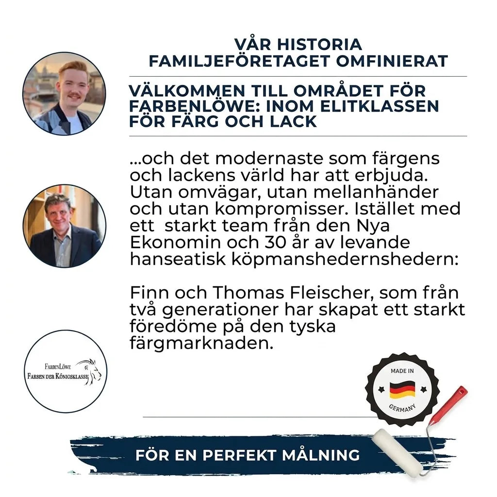Information om Farbenlöwe, ett tyskt familjeföretag som erbjuder premiumfärger och lacker. Visar bilder på grundarna och företagets logo.
