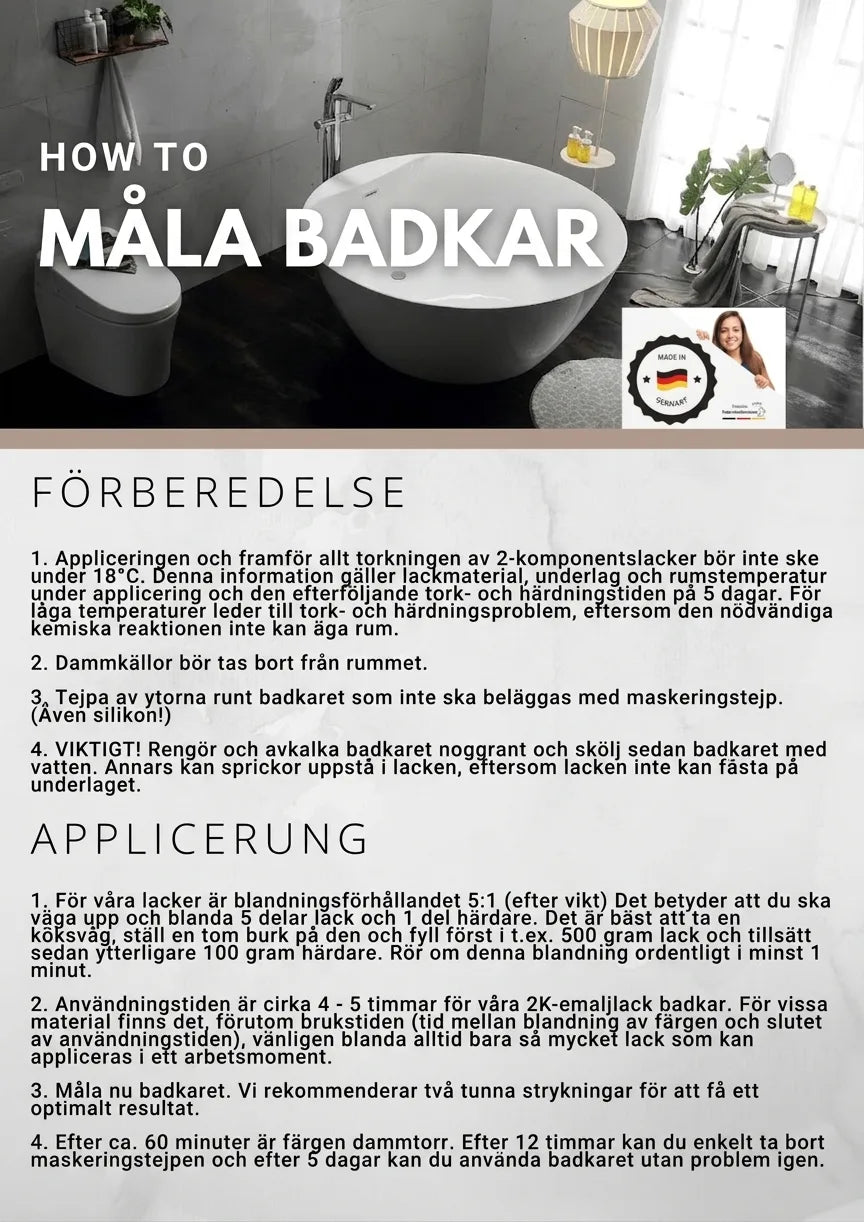 Instruktioner för hur man målar om ett badkar, med tips om förberedelse och applicering i ett modernt badrum.